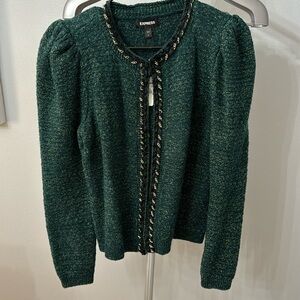 NWT Express  dark green metallic puff shoulder boucle jacket size S